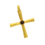 A Byzantine yellow gold cross, with round cabochon cut garnet rub-over set to centre,