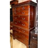 A George III mahogany chest on chest, the cornice with dentil moulding and blind fretwork,