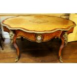 A late 19th Century French walnut and marquetry inlaid centre table, the top inlaid throughout,