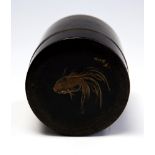 A 1920's Japanese Namiki lacquer cylindrical tea canister, the pull-off cover decorated with a carp,