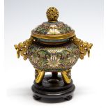 A 19th Century Chinese gilt cloisonne censer and cover, cloud pierced finial, ring twin handles,