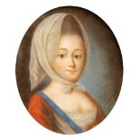 English School, late 18th Century, portrait of a young lady, bust length in a bonnet and headscarf,