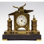 A brass beam engine desk clock, circa 1851, French mechanism by Guilmet, black slate plinth,
