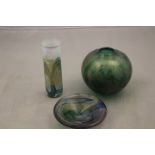 An Isle of Wight Studio Glass 'Azurene' range bulbous vase in the green colour way and a cylinder