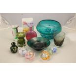 Twelve assorted pieces of glass; An Eirian vase, a Nailsea style flask, a Caithness vase,