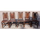 A rare fine set of six Queen Anne circa 1710 joined oak stools with finely patinated leather backs