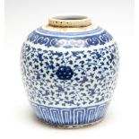 A Chinese blue and white ginger jar, 18th Century, scrolling leaf design,