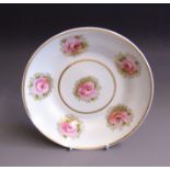 A Charles Bourne deep plate, painted with pink roses within gilt sprigs, pattern No.
