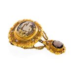 A Victorian yellow gold Cairngorm and smokey quartz set drop brooch,