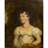 Follower of John Hoppner, portrait if a lady, half length in a white dress,