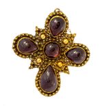 An early-to-mid Victorian garnet set cannetille work brooch, quatrefoil shape,