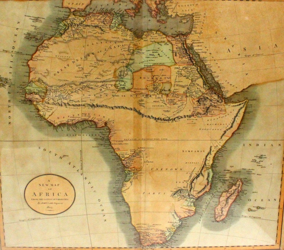 Georgian English map of Africa by John Cary, published in London in 1805, hand-coloured engraving.