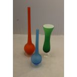 Three Carlo Moretti 'Satinato' vases, one orange, one green, one blue.