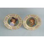 Two Vienna cabinet plates, each painted with a portrait of a lady, one titled 'Winter',