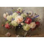 Hermine Meak Adrienne (early 20th Century), a still life of peonies and delphiniums, signed l.r.