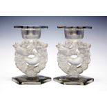 Lalique, a pair of Art Deco Mesanges pattern frosted glass candlesticks, with detachable bobeches,