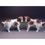 A pair of late 19th century Staffordshire dogs, modelled as red and white Spaniels, red/orange eyes,