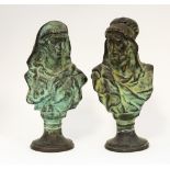 ***Bishton*** A pair of 19th century bronze busts, cast as a male and female in headdress,