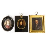 Three portrait miniatures of 17th Century long haired gentlemen,