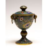 A Chinese cloisonne lidded vessel, early 20th Centiry, finial, beast mask and ring side handels,