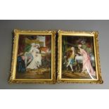 A pair of late 19th Century crystoliums, painted scenes of 'Lovers', mounted in gilt frames,