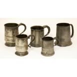 ***Bishton*** A group of five 18th/19th Century pewter mugs, one with spout,