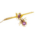 A 9ct yellow gold amethyst set spider and fly drop bar brooch,