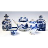 A group of 18th Century Chinese blue and white tea wares, to include two tea canisters, teapot,