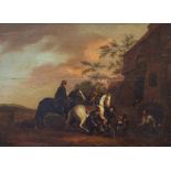 Manner of Dirk Stoop, peasants shoeing a horse, oil on panel,