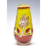 A unique Orrefors Graal vase designed by Herman Winterstellar decorated with pink roses on a yellow