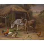 Edgar Hunt (British, 1876-1953), farmyard friends - donkeys and hens, signed and dated 1924 l.r.