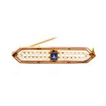 An Art Deco sapphire and seed pearl set yellow gold bar brooch,