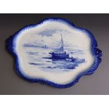 A Royal Crown Derby large tray shaped plaque, painted with a sailing scene by W.E.J.