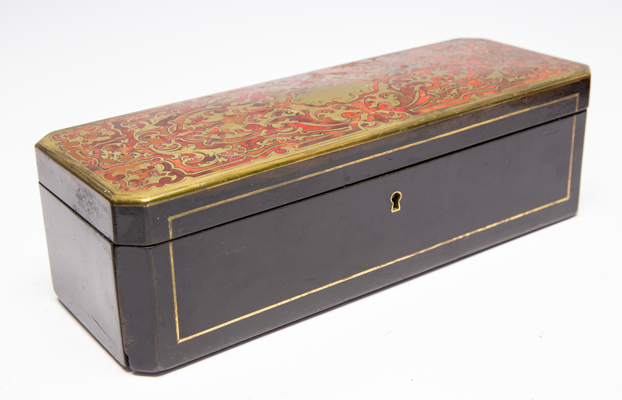 A 19th Century boulle work tortoiseshell and brass glove box, of oblong form,