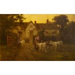 Harold Swanwick (British, 1886-1929), a farmyard scene with a girl feeding calves, signed l.l.