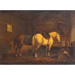 English School, mid 19th Century, a barn interior with two horses and two dogs, oil on panel,