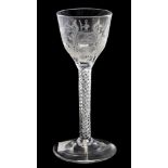 A mid 18th Century cordial glass, the bowl wheel etched,