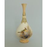 A Royal Worcester ivory ground vase, shape H304, painted with a bird and gilt foliage,