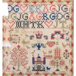 A 19th Century textile sampler, worked in coloured threads on coarse linen, strawberry border,