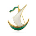 A modernist Norwegian silver-gilt and enamel brooch, modeled as a Viking ship,