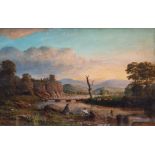 English School, mid 19th Century, a river landscape with figures fishing in the foreground,