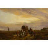 English, 19th Century, travellers with a covered wagon in a moorland landscape, oil on canvas,