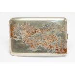 Early 20th century engraved cigarette case with Mount Fuji in back drop with boats on sea,