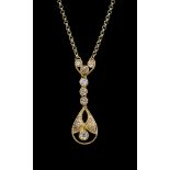 A yellow gold diamond-set drop pendant and chain,
