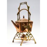 A WMF Jugendstil copper and brass tea kettle on burner stand, circa 1910, struck marks,