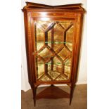 An Edwardian mahogany and satinwood inlaid corner free standing display cabinet,