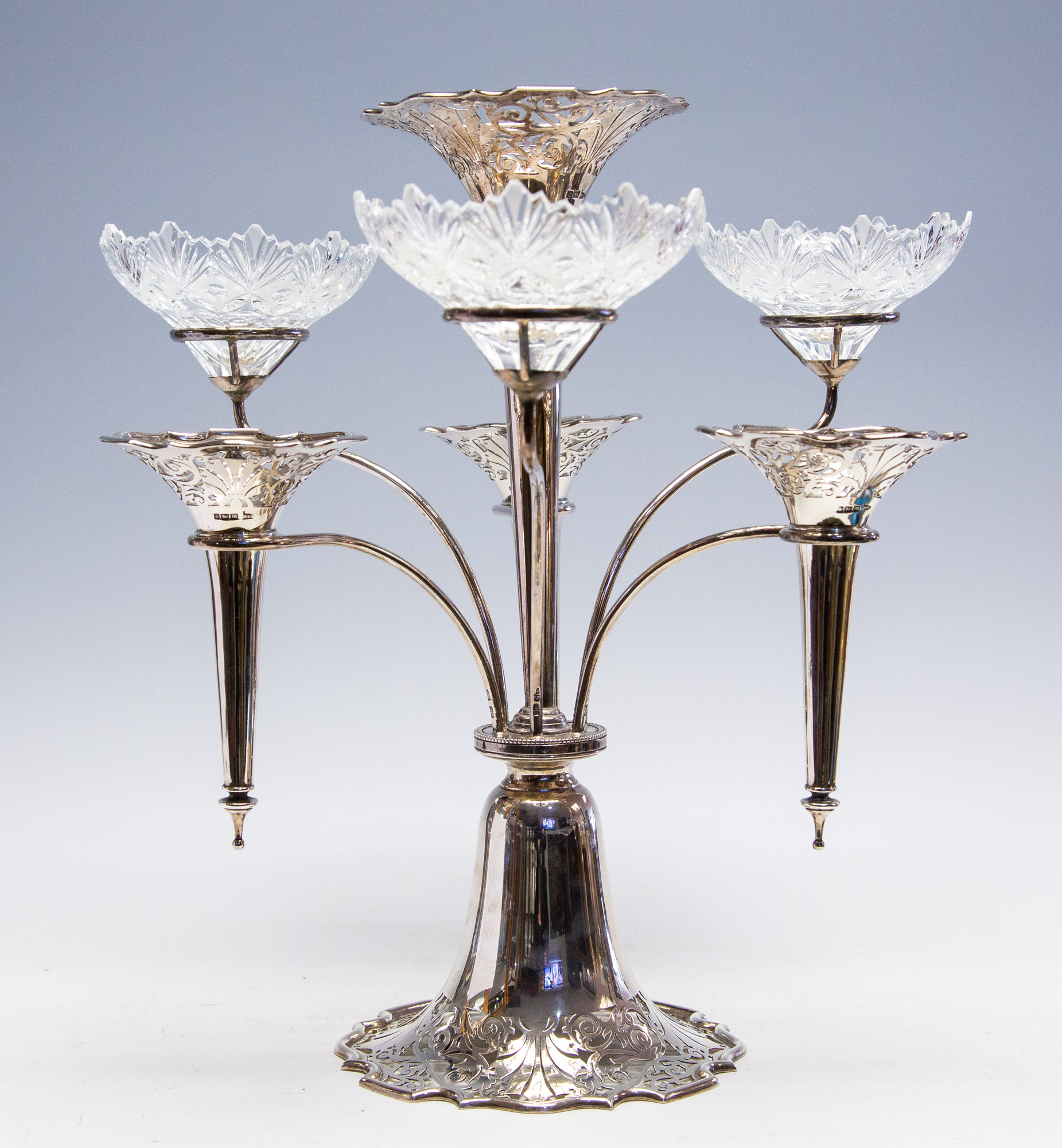 An Edwardian silver and glass six banch epergne