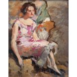 Albert Lemaitre (Belgian, 1886-1975), portrait of a lady, full length, seated, oil on board,
