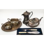 ***REOFFER IN NOVEMBER A&C £30/40***EP BM Jug, three piece EPNS teaset, set of EPNS teaspoons,