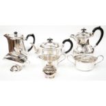 An EPNS tea/coffee service with additional EPBM sugar scuttle and a calibri lighter (7)